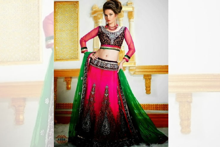 Ombre Neon Pink And Black Bridal Lehenga