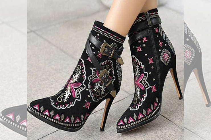 Bohemia embroidery genuine leather high heels shoes