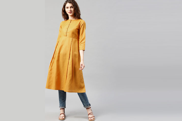 Women Mustard Solid A-Line Kurta