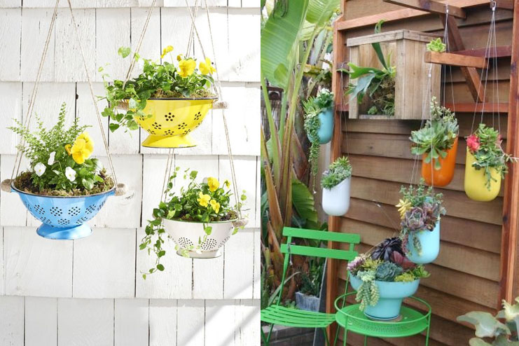Use colorful hanging planters