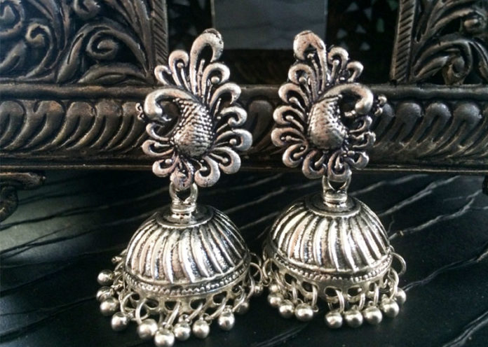 Silver peacock jhumkas