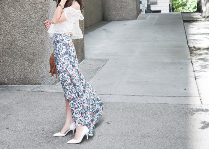 White Off-Shoulder Puffy Blouse With Floral Skirt