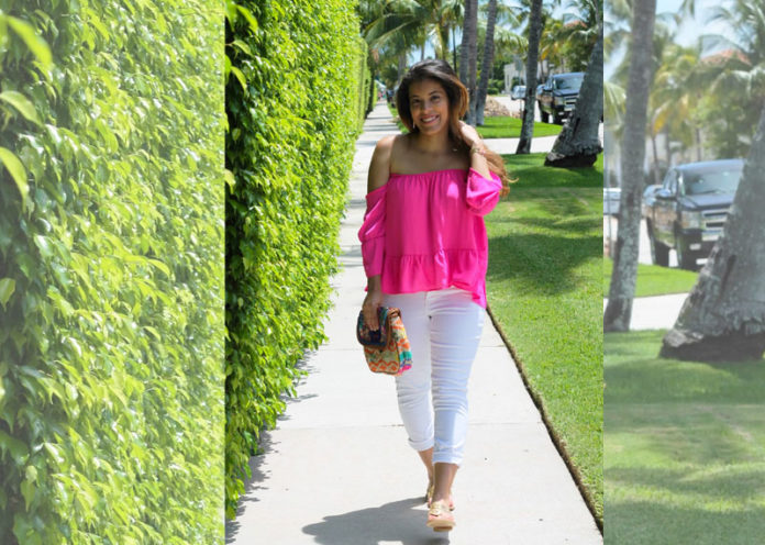 Pink Pleated Off-Shoulder