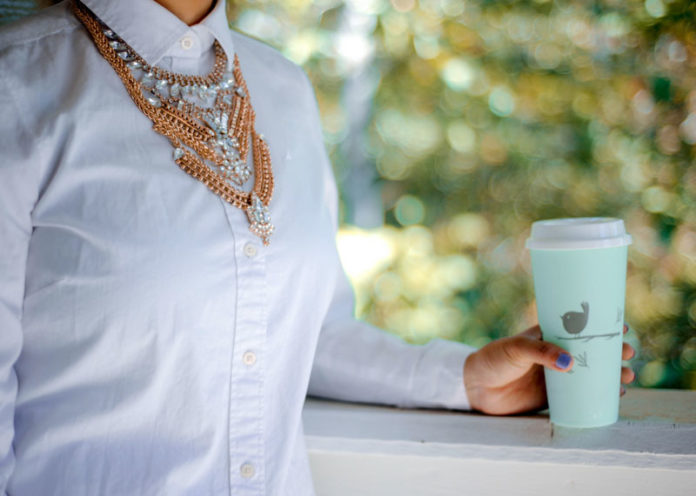 Denim shirt with statement necklace