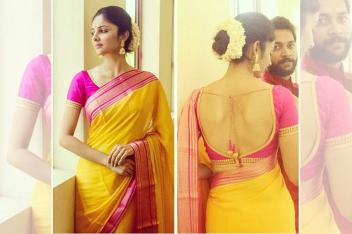 Golden bridal saree with pink blouse