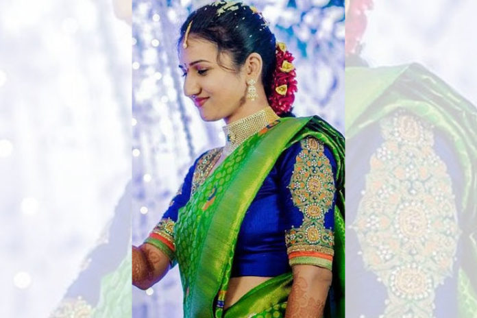 Green silk saree with blue blouse