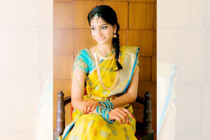 Light blue blouse with yellow silk saree