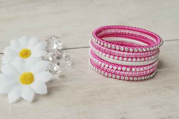 Pink and white silk thread bangles