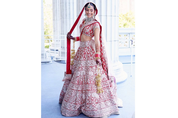 Red and white bridal lehenga